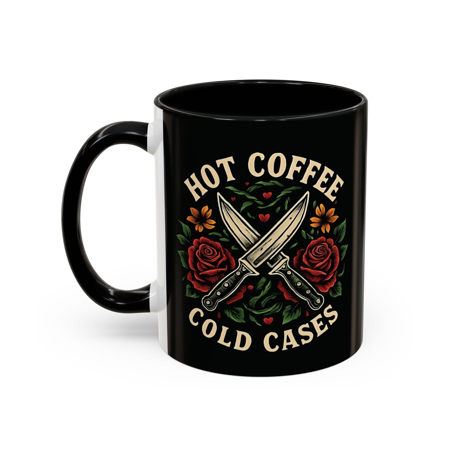 Hot Coffee, Cold Cases Mug l True Crime Accent Coffee Cup l Black or Red