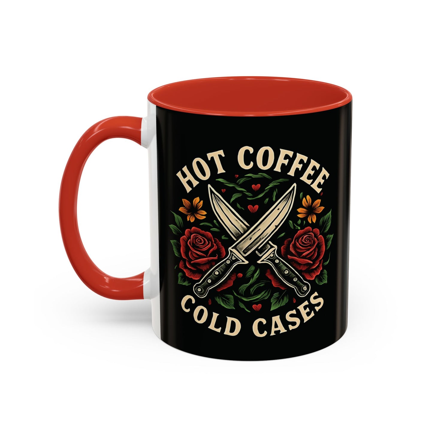 Hot Coffee, Cold Cases Mug l True Crime Accent Coffee Cup l Black or Red