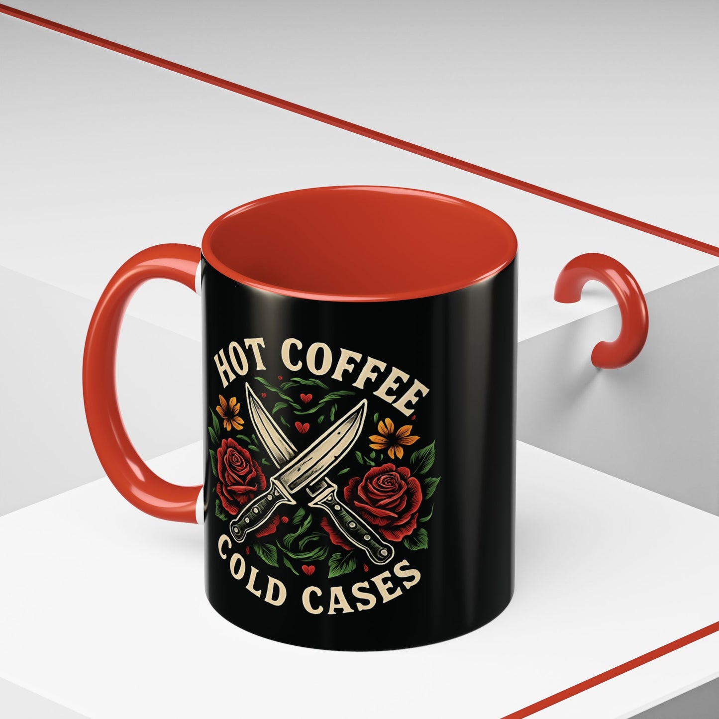 Hot Coffee, Cold Cases Mug l True Crime Accent Coffee Cup l Black or Red