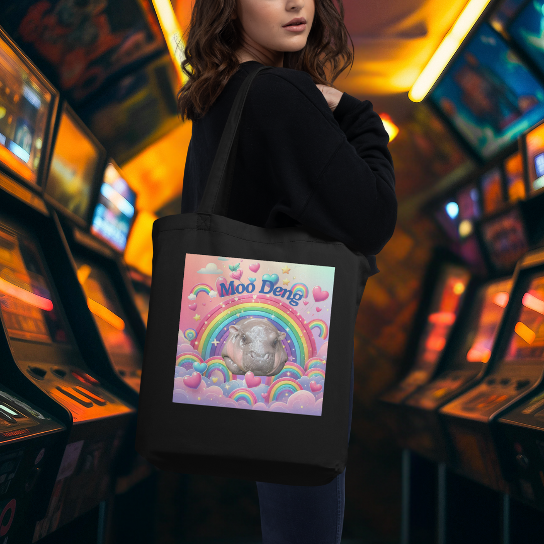 Moo Deng Pygmy Hippo Tote Bag | Cute Hippo Tote with Pink Font & Galaxy Background | Reusable Shopping Bag | Unique Animal Design Bag