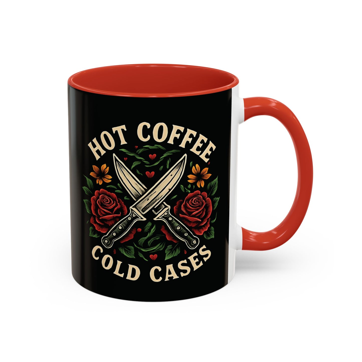 Hot Coffee, Cold Cases Mug l True Crime Accent Coffee Cup l Black or Red
