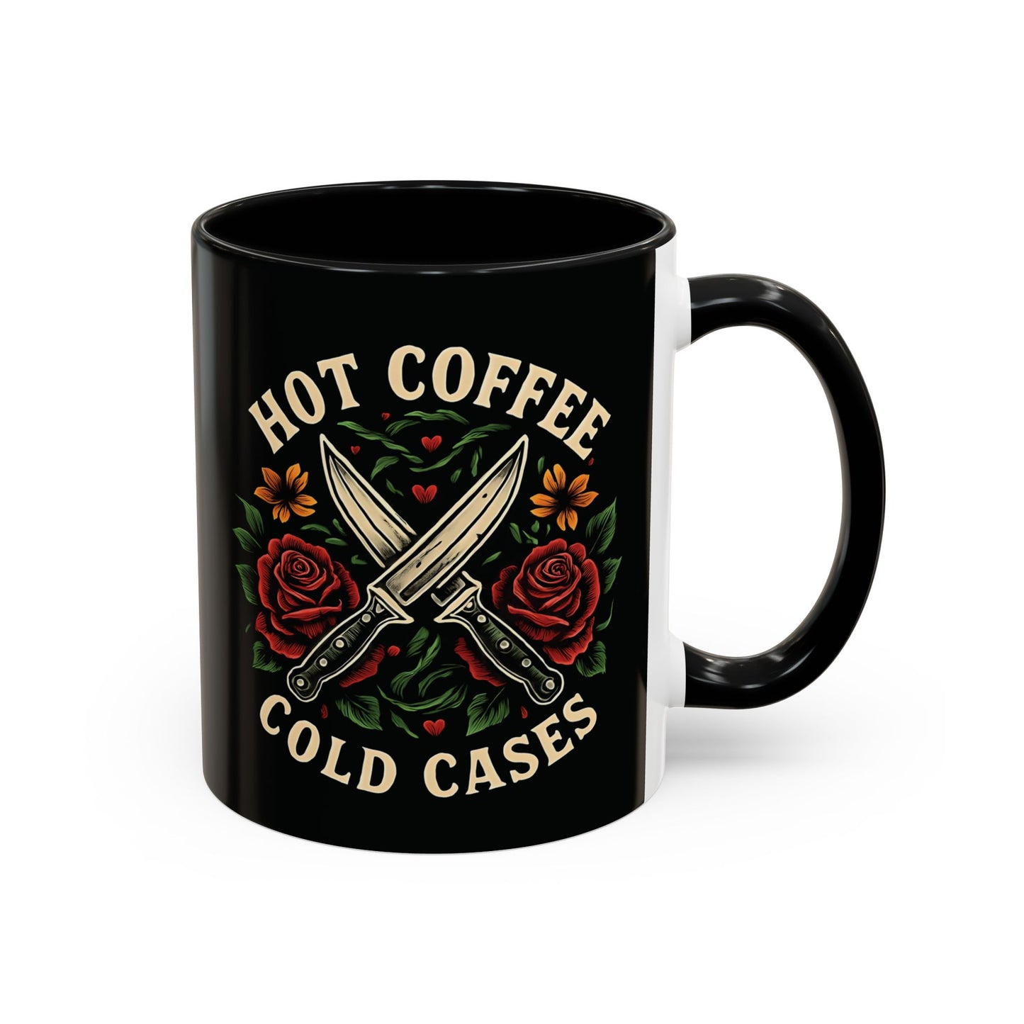 Hot Coffee, Cold Cases Mug l True Crime Accent Coffee Cup l Black or Red