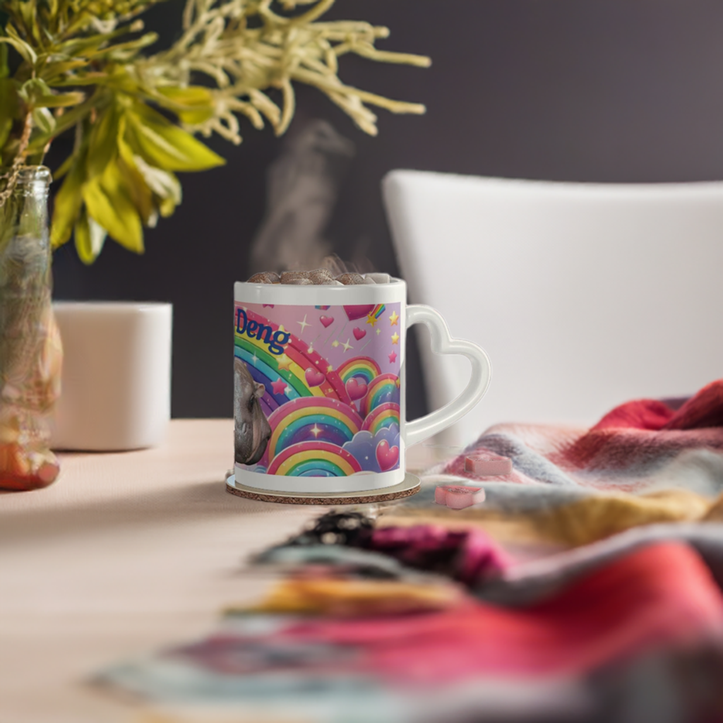 Moo Deng Pygmy Hippo Mug | Cute Rainbow Hippo Mug with Heart Handle | Baby Hippo Coffee Cup | Fun Animal Lover Gift