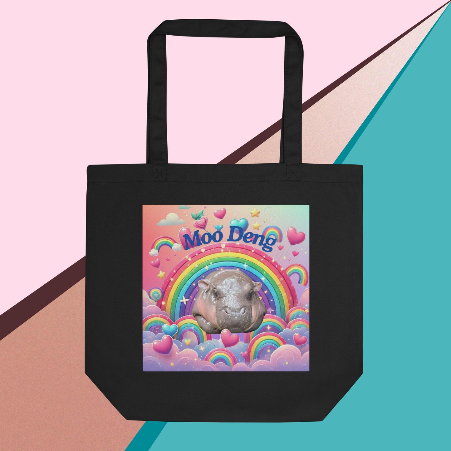 Moo Deng Pygmy Hippo Tote Bag | Cute Hippo Tote with Pink Font & Galaxy Background | Reusable Shopping Bag | Unique Animal Design Bag