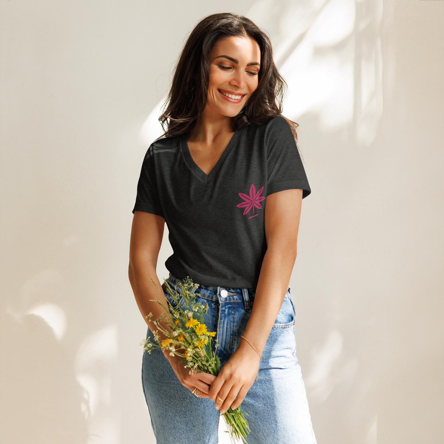 Embroidered Cannabis Tee with Pink Marijuana Leaf, Women's Weed Gift