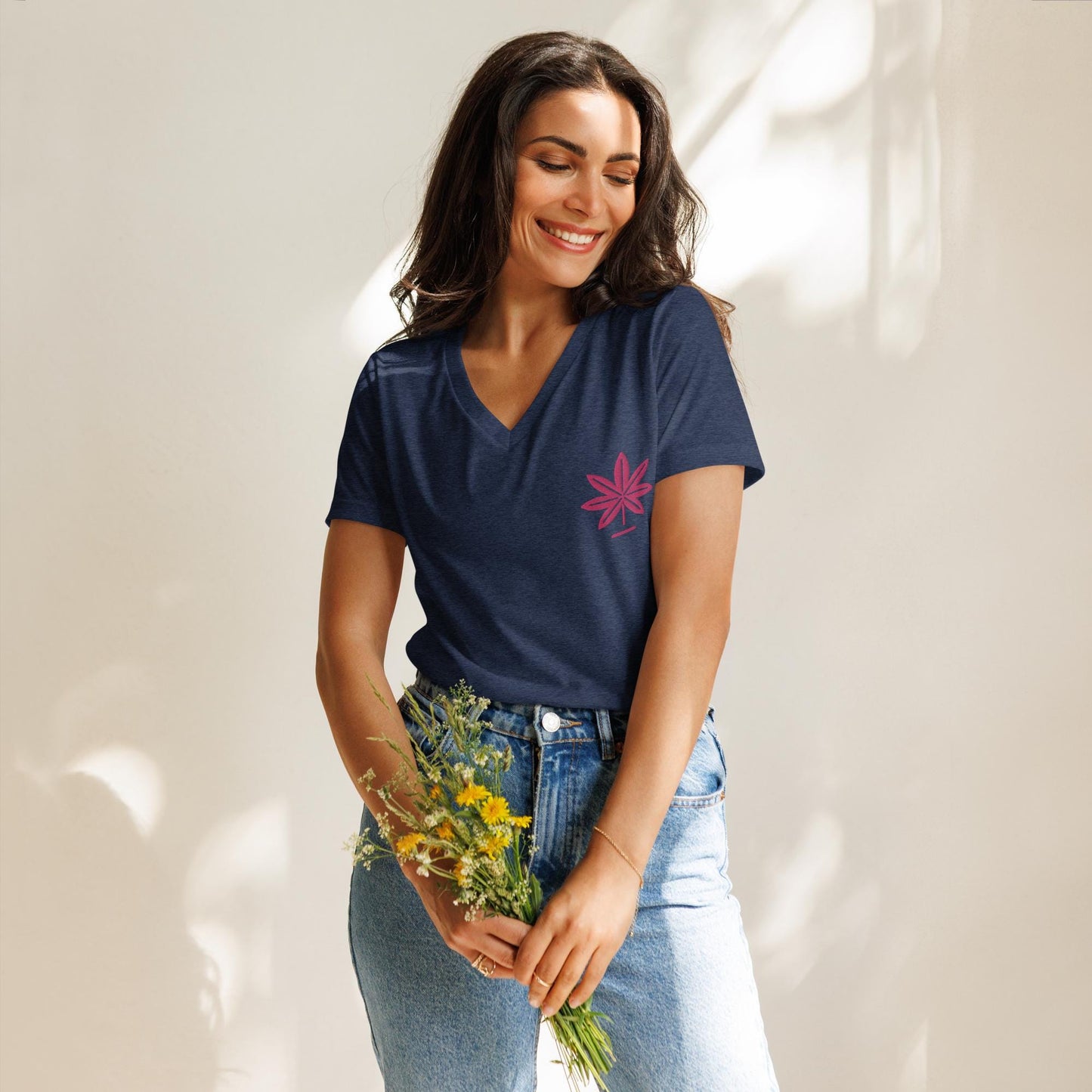 Embroidered Cannabis Tee with Pink Marijuana Leaf, Women's Weed Gift