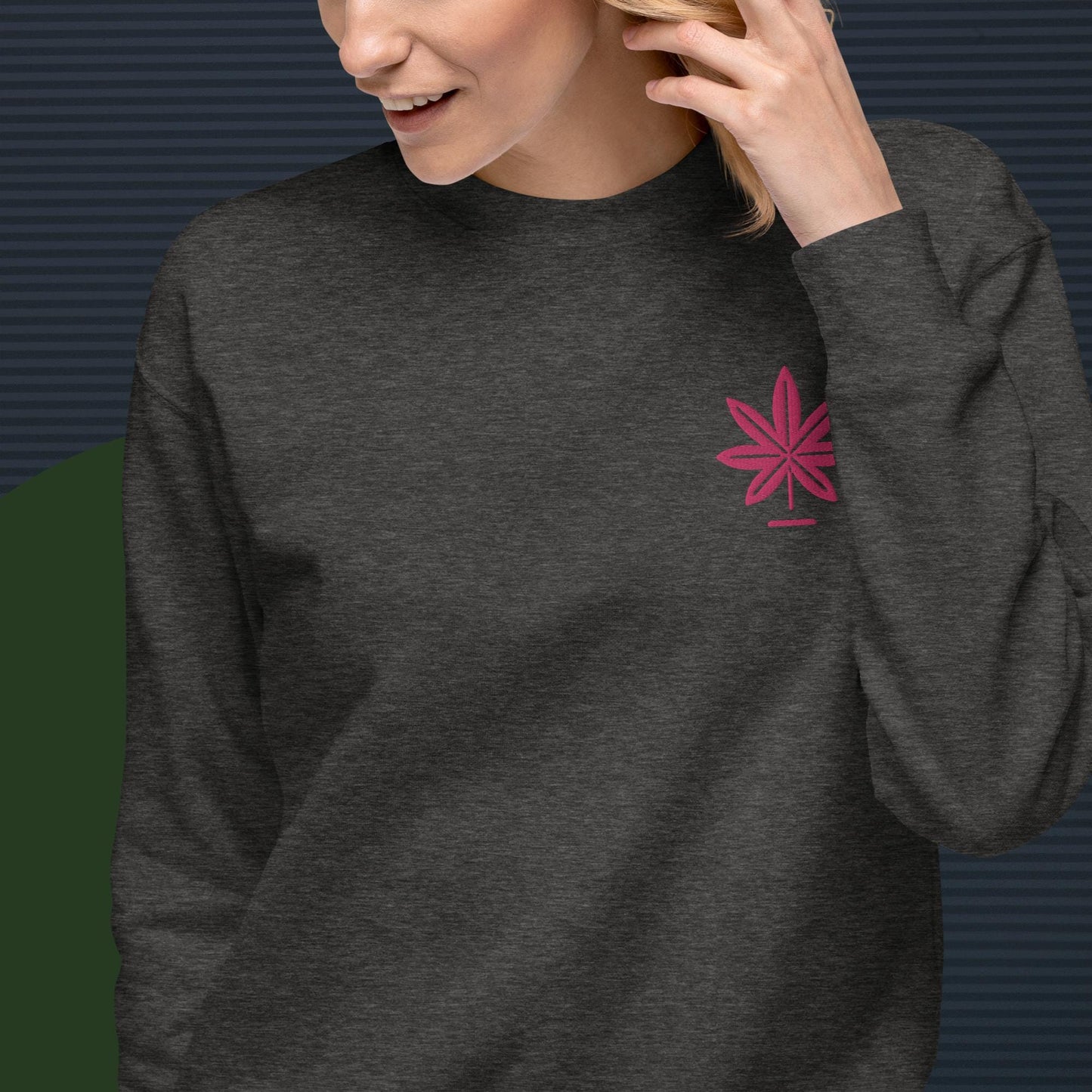 Hot Pink Marijuana Leaf Sweatshirt – Embroidered Cannabis Sweatshirt – Classic Crew Neck, Soft Cotton, Multiple Colors Available