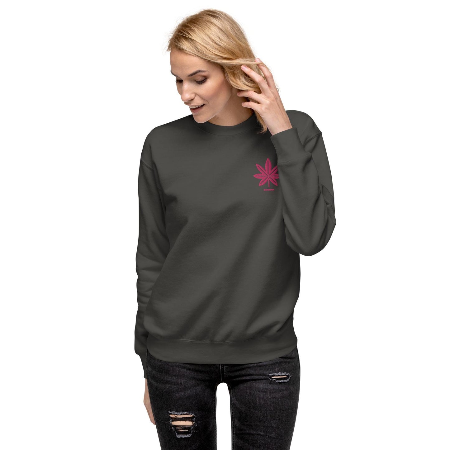Hot Pink Marijuana Leaf Sweatshirt – Embroidered Cannabis Sweatshirt – Classic Crew Neck, Soft Cotton, Multiple Colors Available