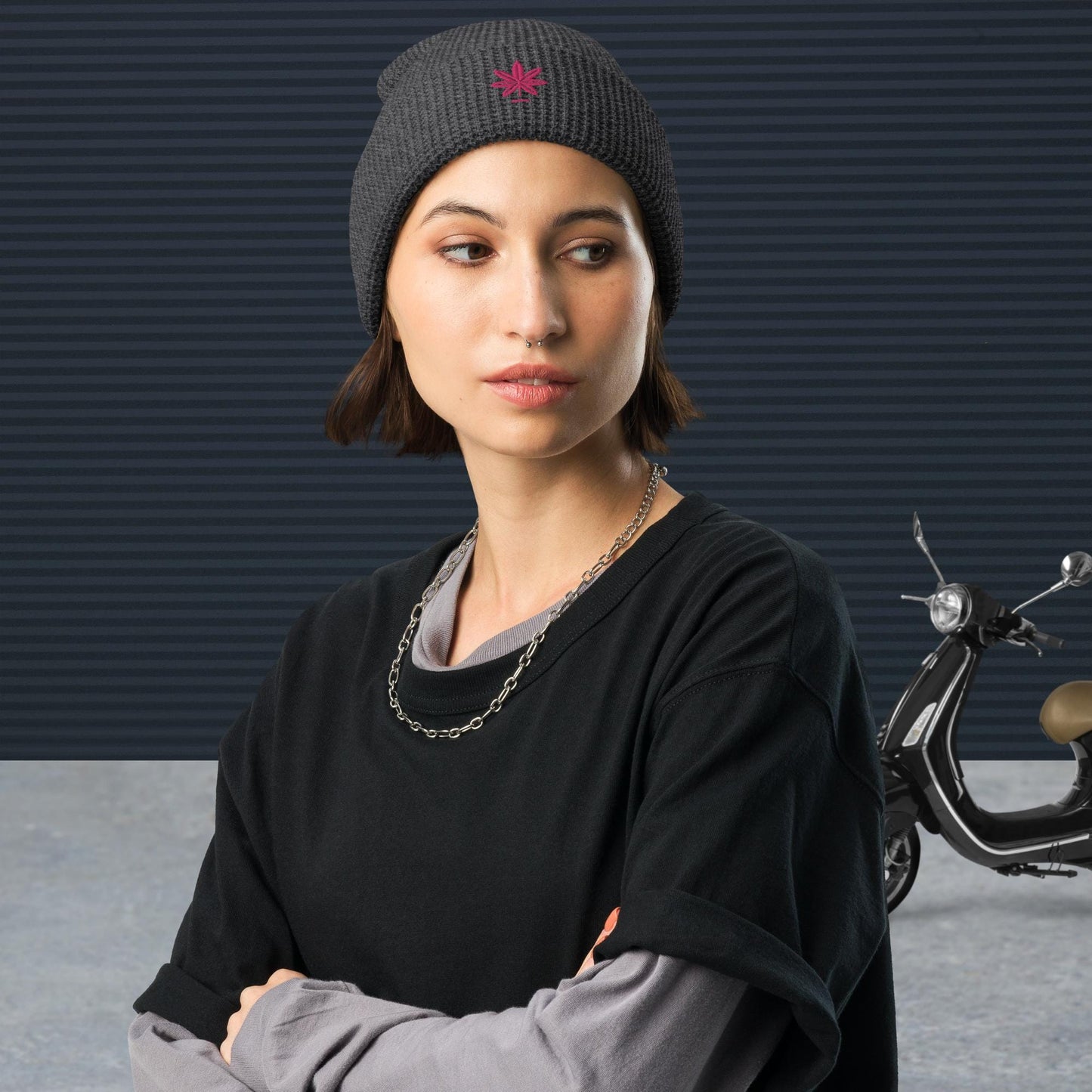 Waffle Knit Beanie with Pink Marijuana Leaf – Unisex Cannabis Hat – Weed Embroidered Beanie – Multiple Colors, Adjustable Cuff, Winter Hat
