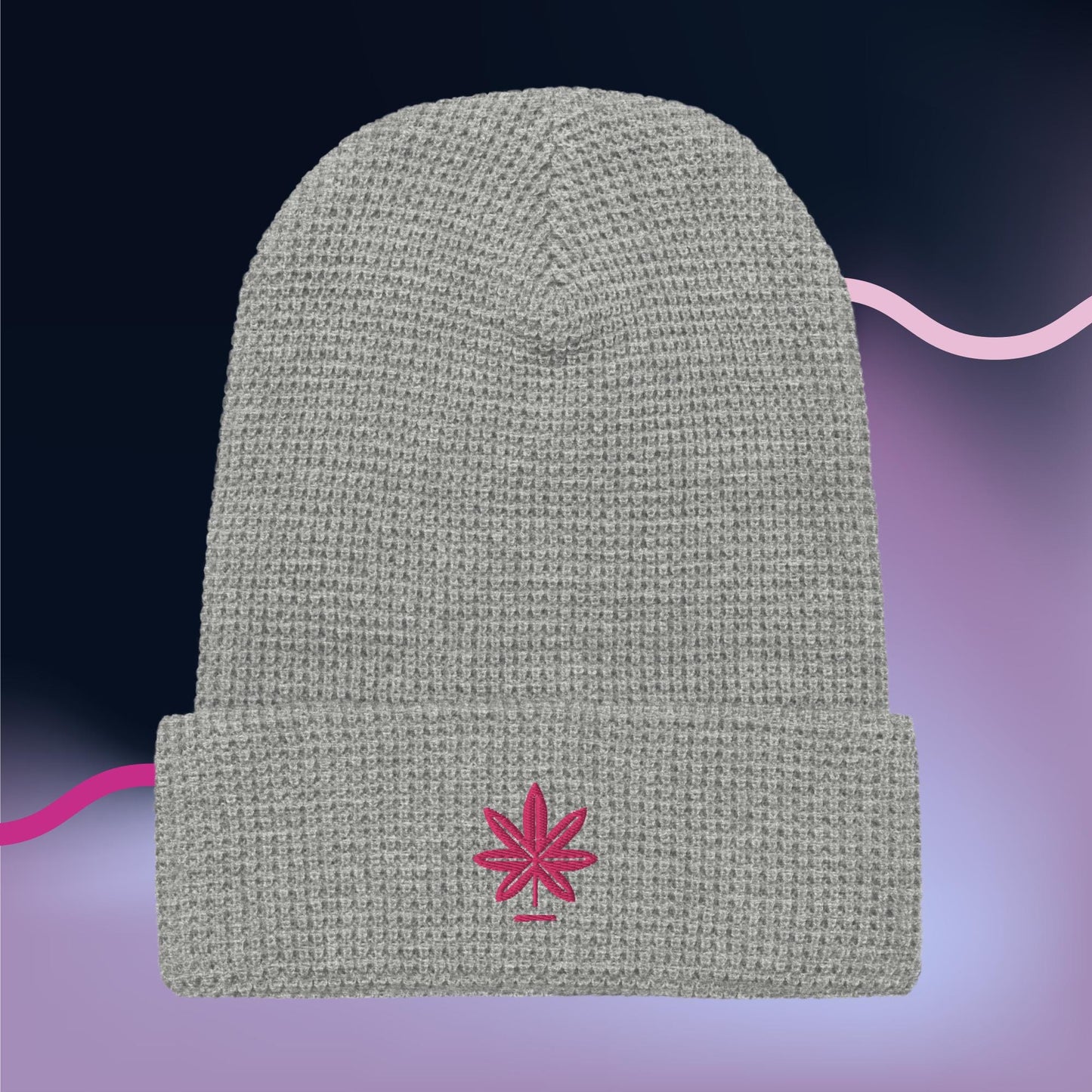Waffle Knit Beanie with Pink Marijuana Leaf – Unisex Cannabis Hat – Weed Embroidered Beanie – Multiple Colors, Adjustable Cuff, Winter Hat