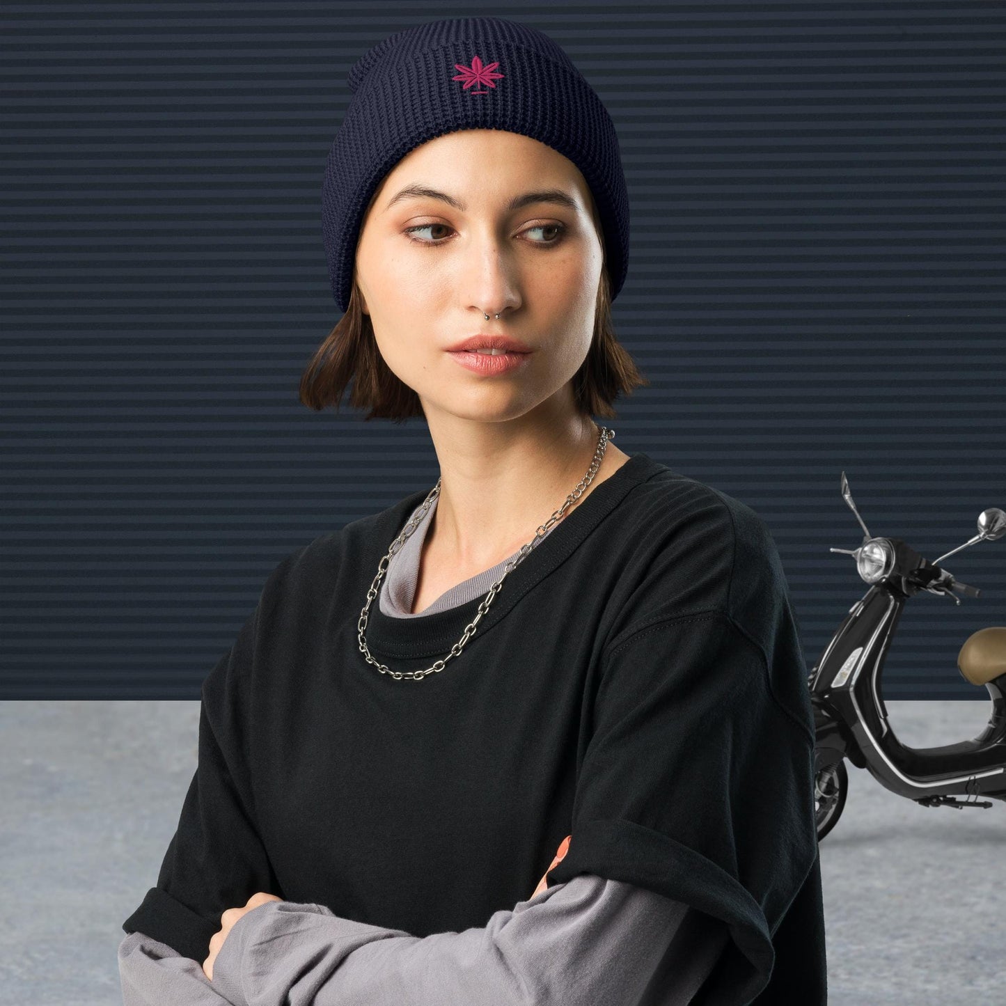 Waffle Knit Beanie with Pink Marijuana Leaf – Unisex Cannabis Hat – Weed Embroidered Beanie – Multiple Colors, Adjustable Cuff, Winter Hat