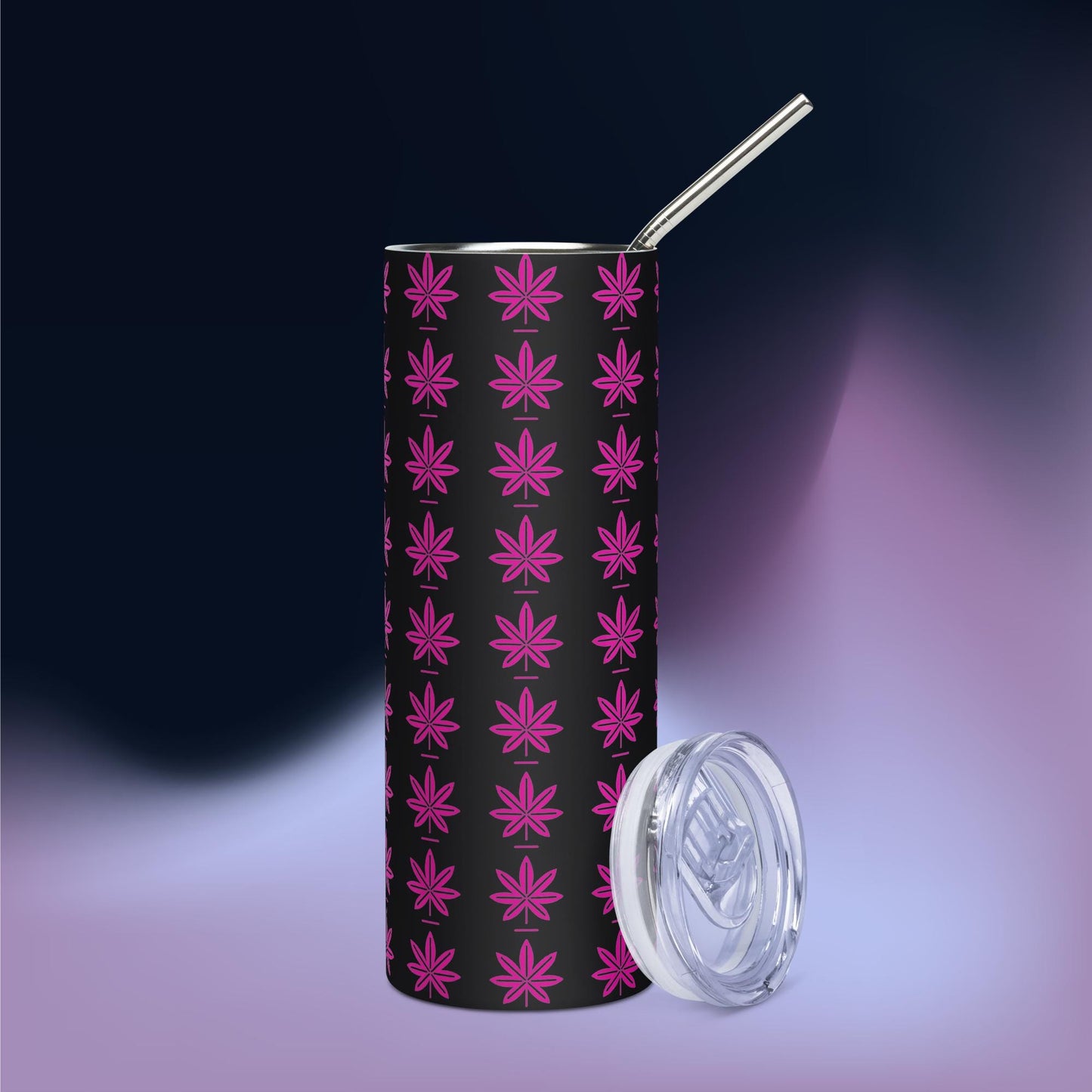 Hot Pink Black Marijuana Leaf – Reusable Travel Mug with Metal Straw for Hot & Cold Drinks