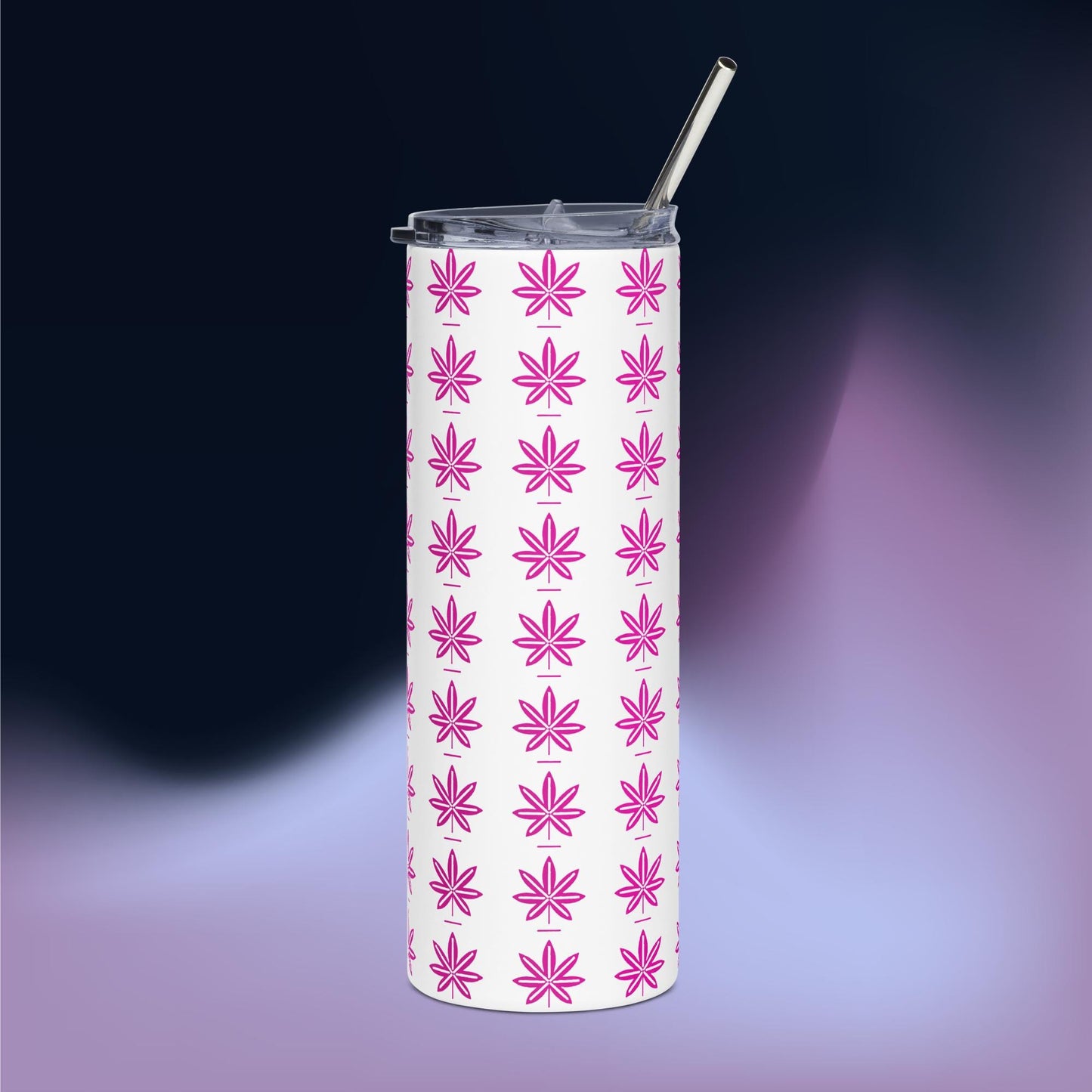 Hot Pink Black Marijuana Leaf – Reusable Travel Mug with Metal Straw for Hot & Cold Drinks