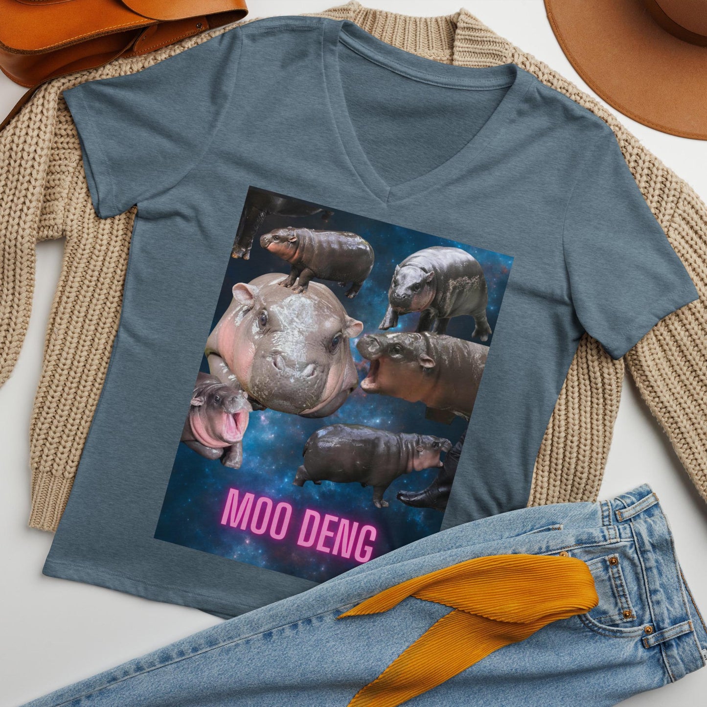 Moo Deng Pygmy Hippo Graphic T-Shirt | Cute Animal Lover Tee | Unique Hippo Galaxy Design | Unisex Pygmy Hippo Shirt