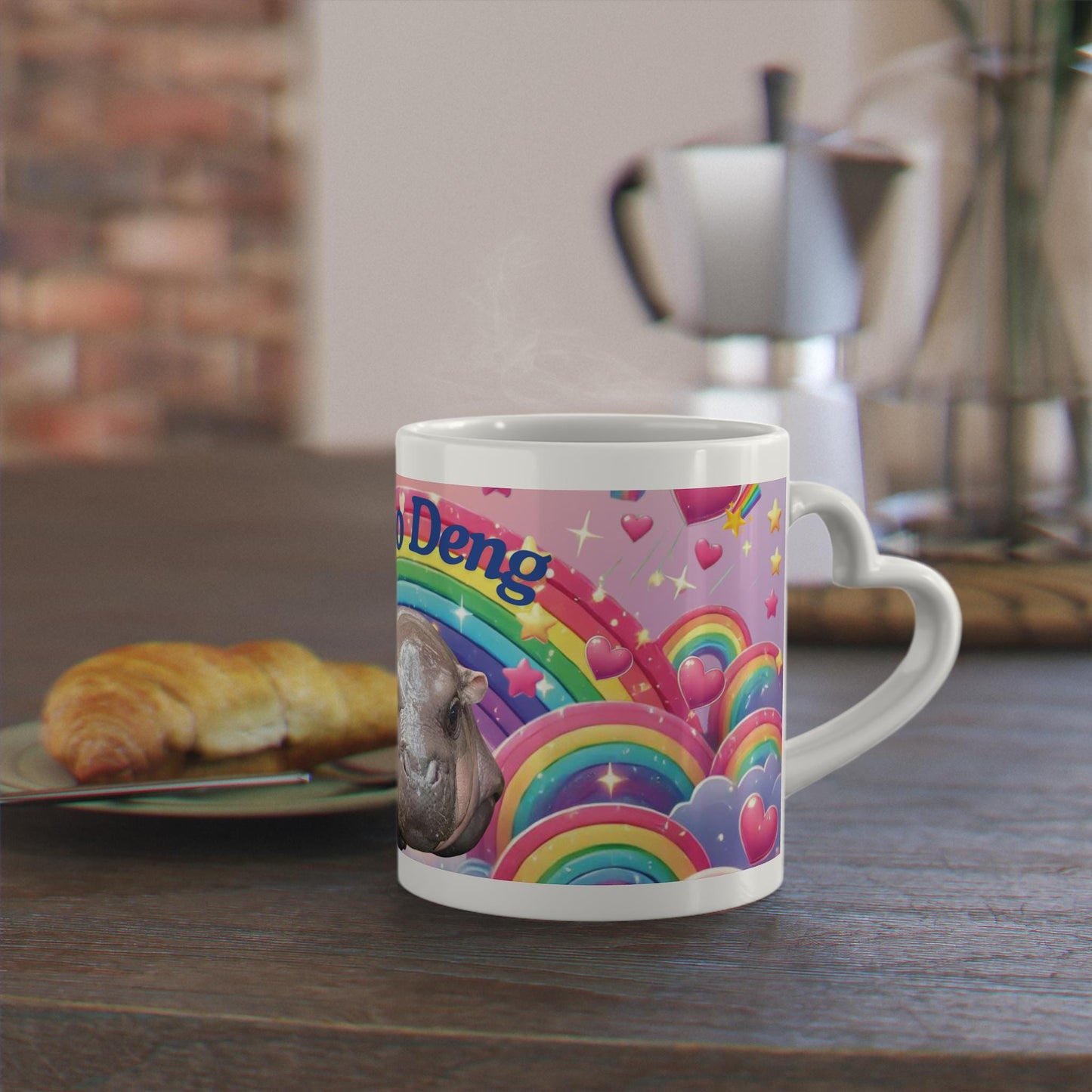 Moo Deng Pygmy Hippo Mug | Cute Rainbow Hippo Mug with Heart Handle | Baby Hippo Coffee Cup | Fun Animal Lover Gift
