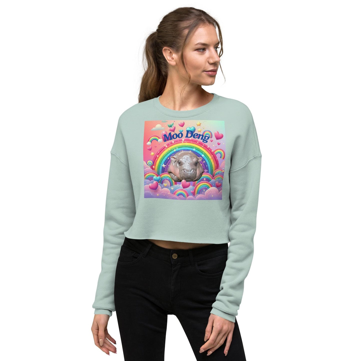 Moo Deng Pygmy Hippo Cropped Sweatshirt | Trendy Women’s Cropped Sweater with Raw Hem | Cute Hippo Graphic Top | Multiple Colors Available