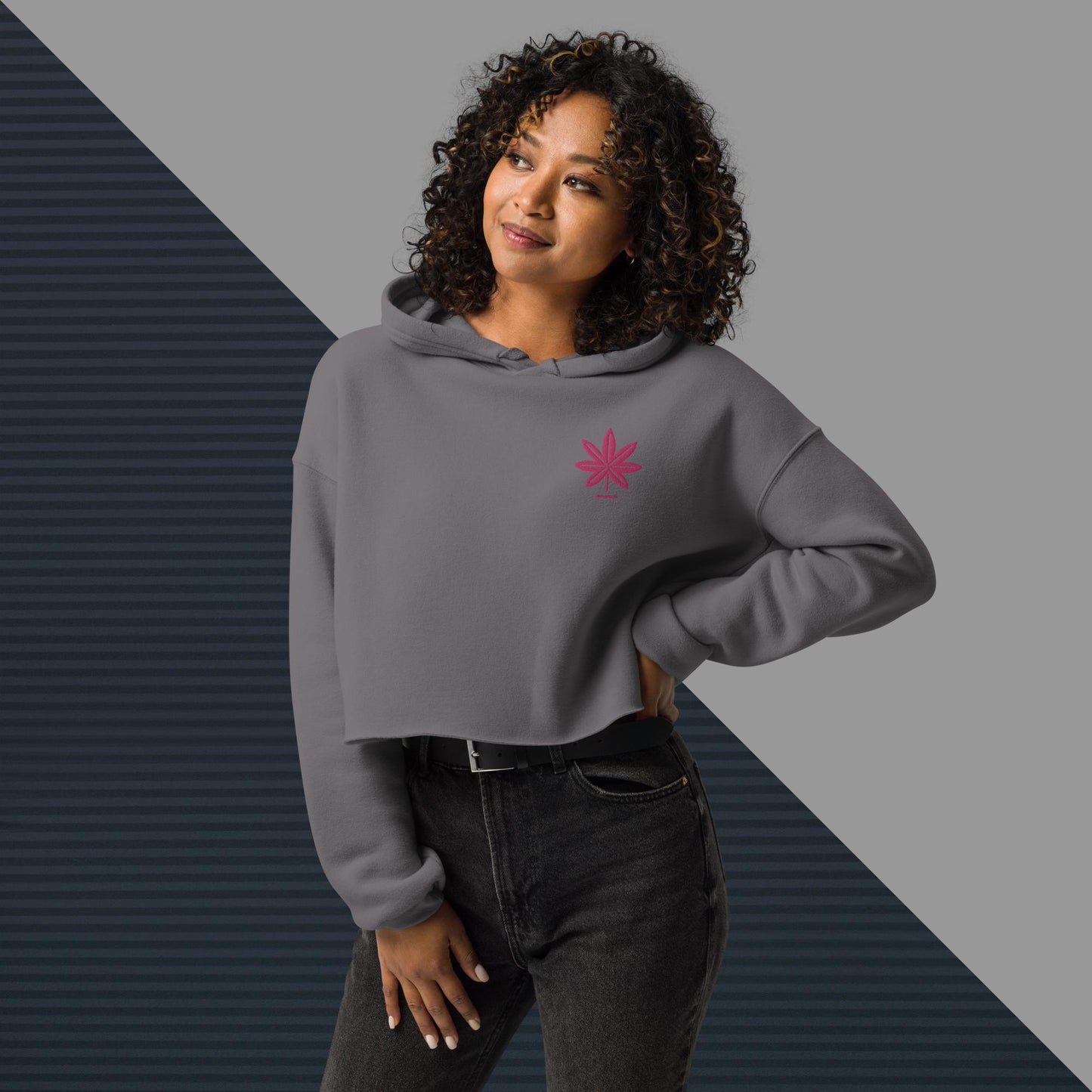 Embroidered Pink Weed Leaf Hoodie - Stylish Women's Crop Top