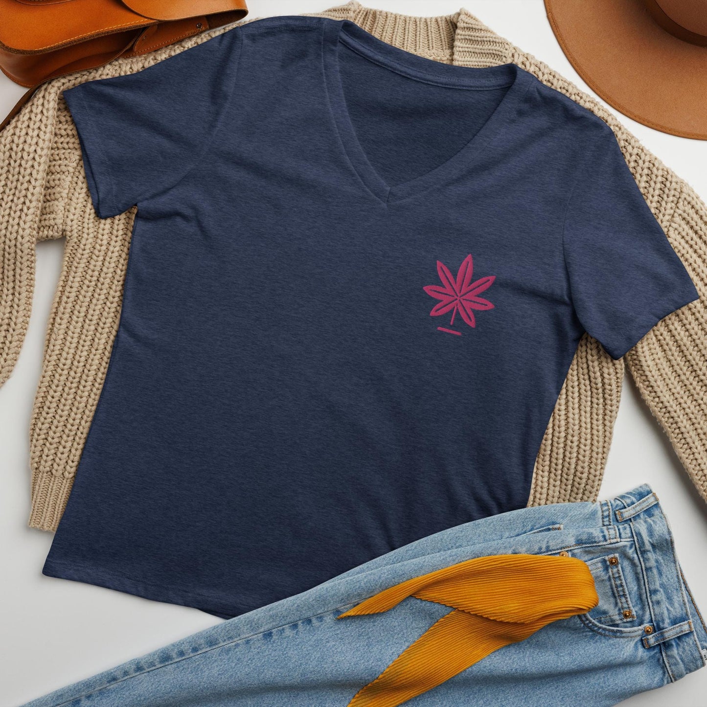 Embroidered Cannabis Tee with Pink Marijuana Leaf, Women's Weed Gift
