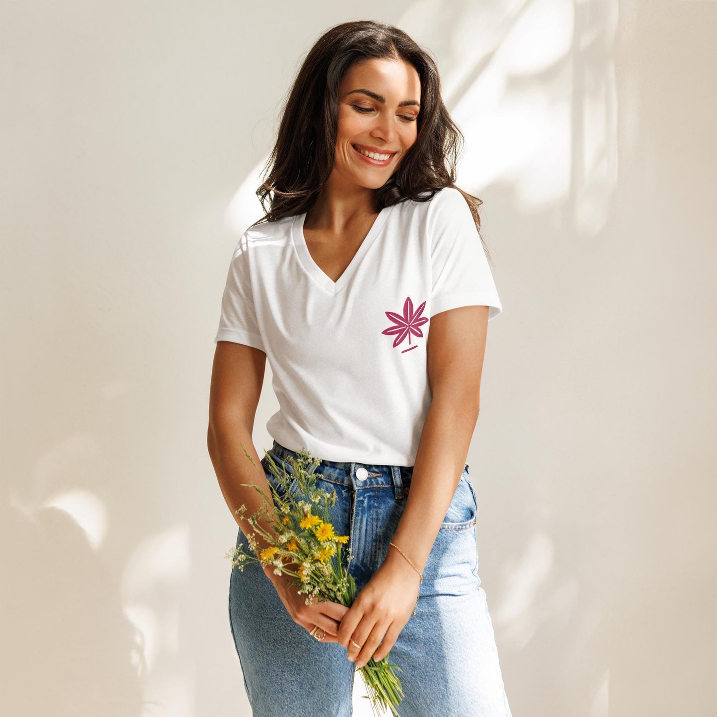 Embroidered Cannabis Tee with Pink Marijuana Leaf, Women's Weed Gift