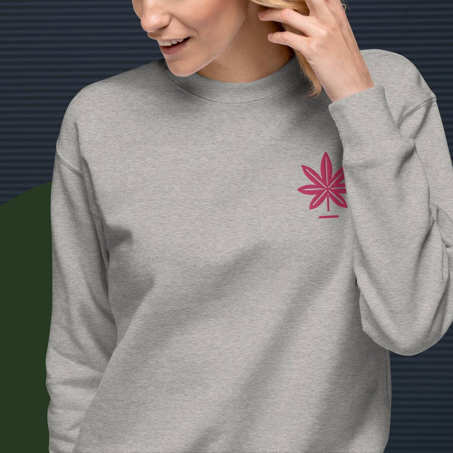 Hot Pink Marijuana Leaf Sweatshirt – Embroidered Cannabis Sweatshirt – Classic Crew Neck, Soft Cotton, Multiple Colors Available