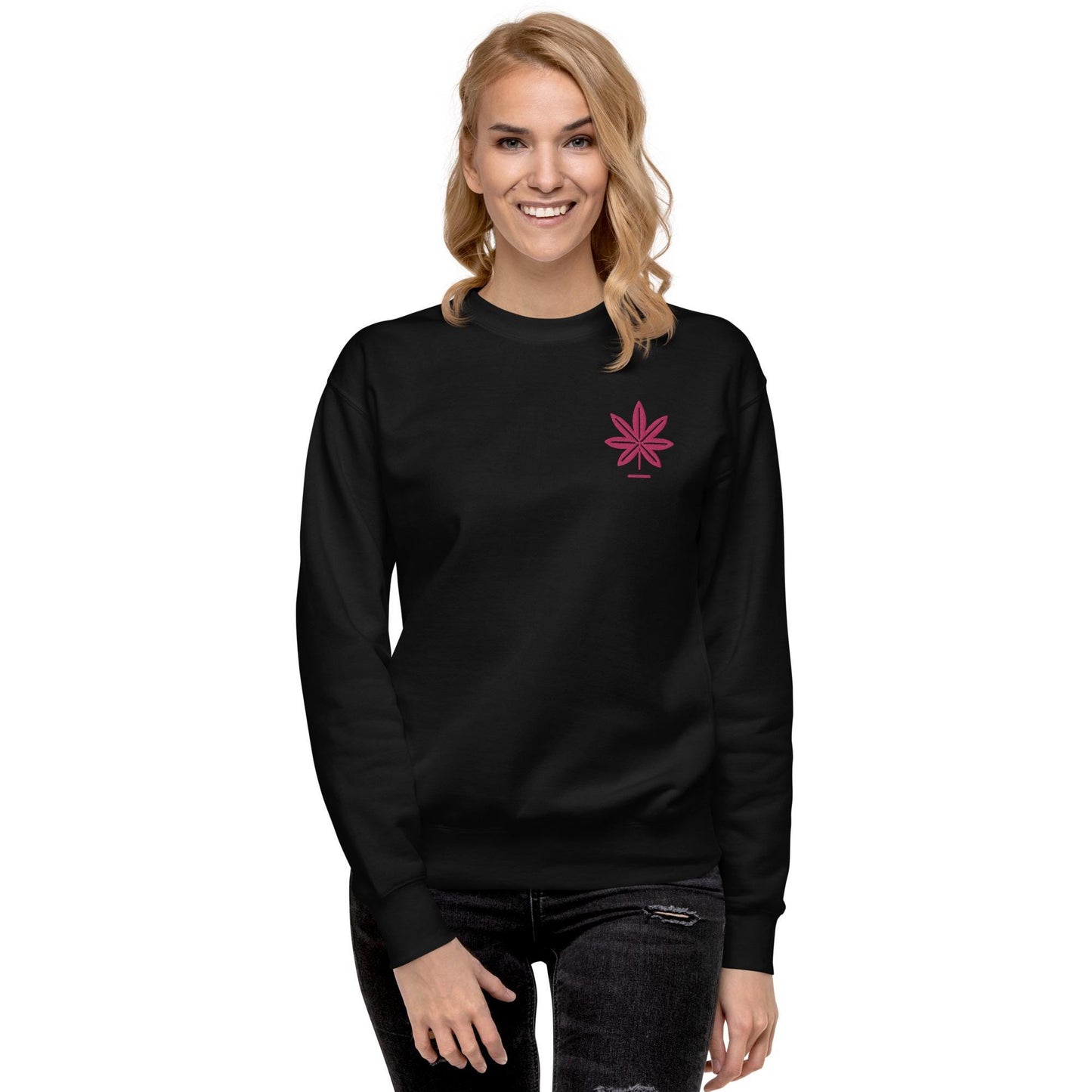 Hot Pink Marijuana Leaf Sweatshirt – Embroidered Cannabis Sweatshirt – Classic Crew Neck, Soft Cotton, Multiple Colors Available