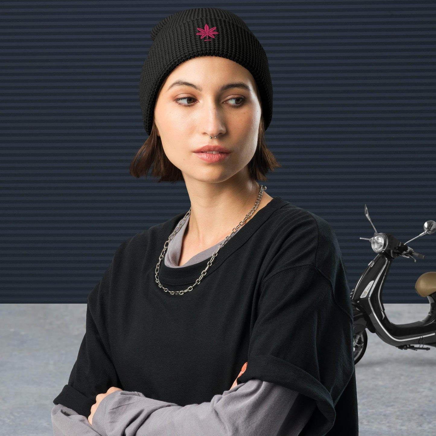 Waffle Knit Beanie with Pink Marijuana Leaf – Unisex Cannabis Hat – Weed Embroidered Beanie – Multiple Colors, Adjustable Cuff, Winter Hat