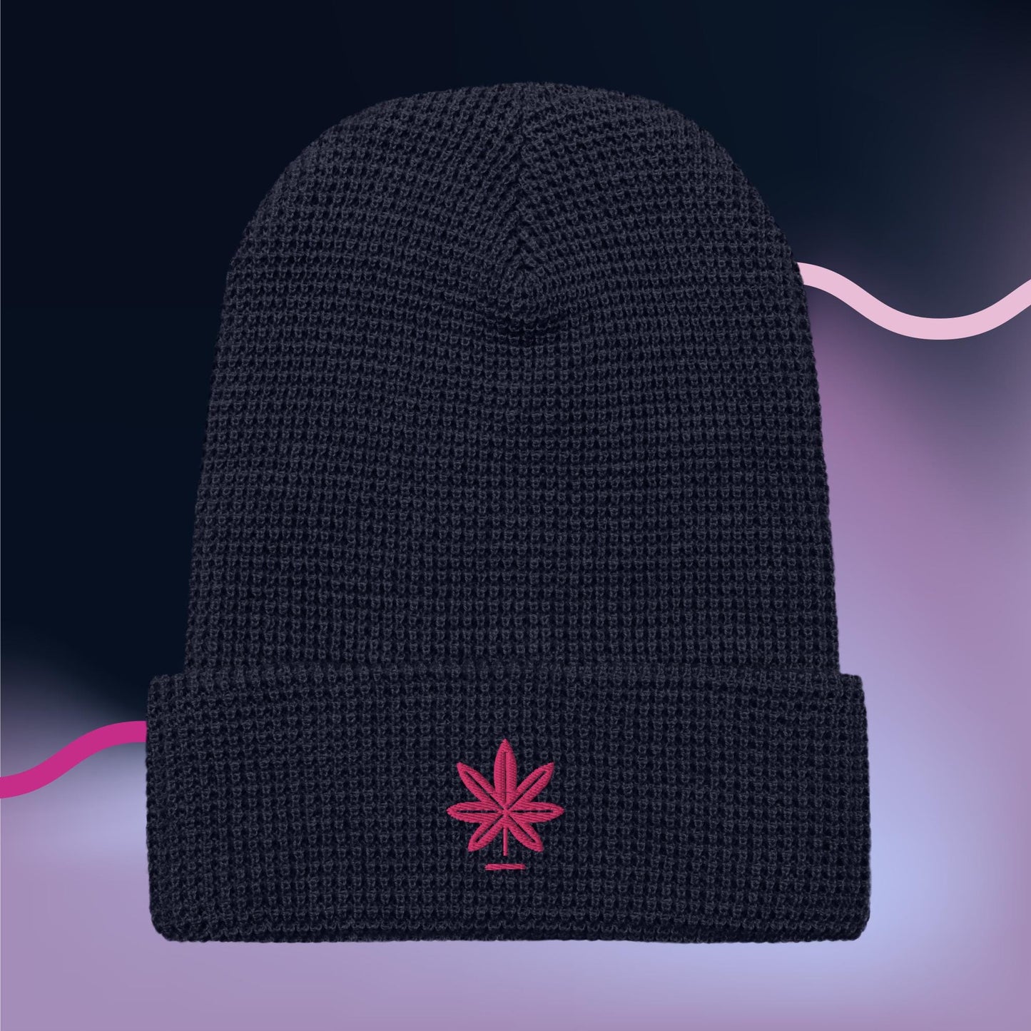 Waffle Knit Beanie with Pink Marijuana Leaf – Unisex Cannabis Hat – Weed Embroidered Beanie – Multiple Colors, Adjustable Cuff, Winter Hat