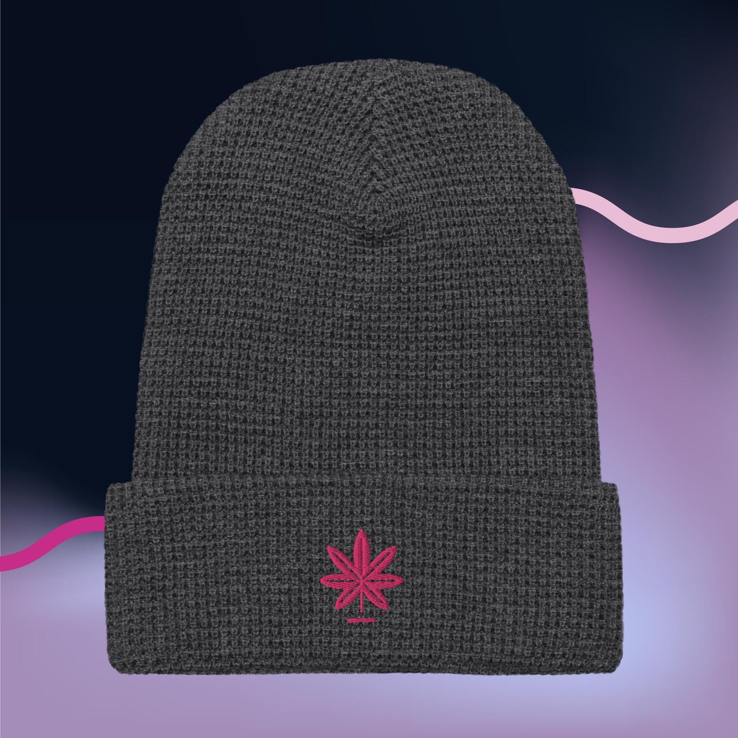 Waffle Knit Beanie with Pink Marijuana Leaf – Unisex Cannabis Hat – Weed Embroidered Beanie – Multiple Colors, Adjustable Cuff, Winter Hat