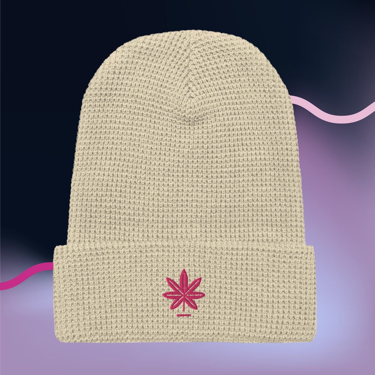 Waffle Knit Beanie with Pink Marijuana Leaf – Unisex Cannabis Hat – Weed Embroidered Beanie – Multiple Colors, Adjustable Cuff, Winter Hat