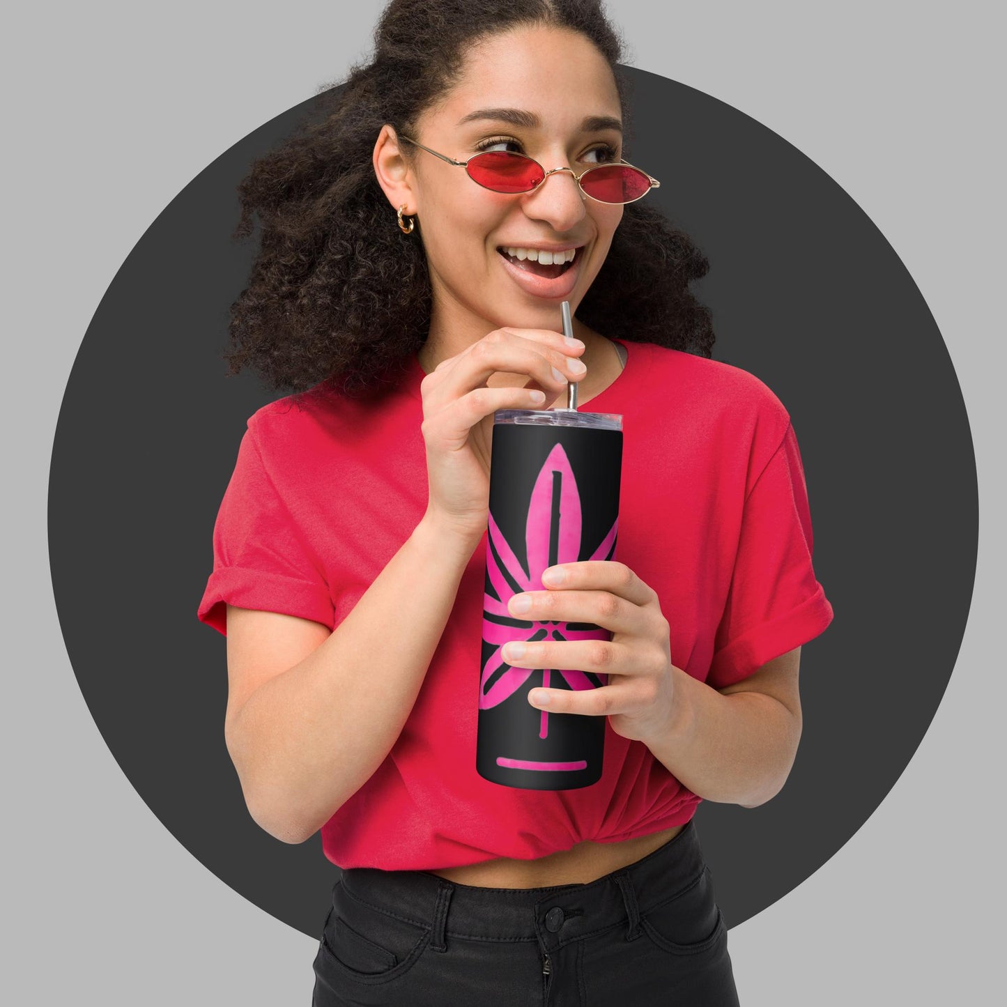 Hot Pink Marijuana Leaf – Reusable Travel Mug with Metal Straw for Hot & Cold Drinks