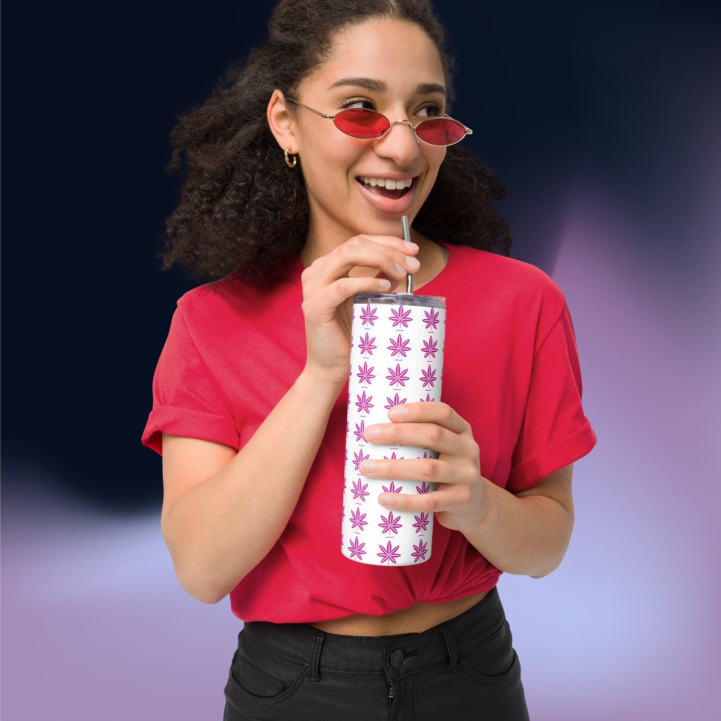 Hot Pink Black Marijuana Leaf – Reusable Travel Mug with Metal Straw for Hot & Cold Drinks