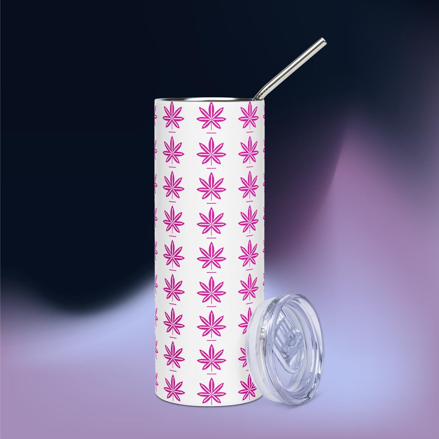 Hot Pink Black Marijuana Leaf – Reusable Travel Mug with Metal Straw for Hot & Cold Drinks