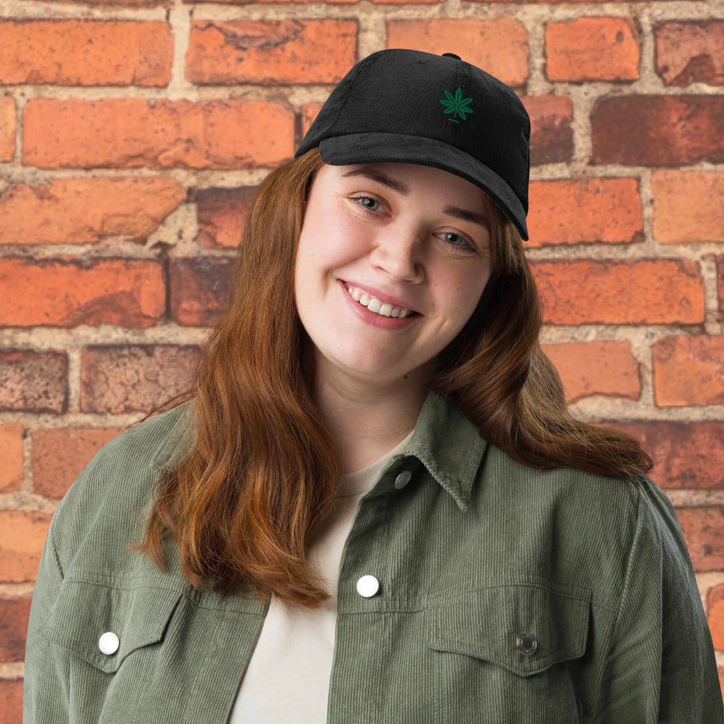 Retro Corduroy Cap l Green Cannabis Leaf l Embroidered Corduroy Cap l Weed Gifts