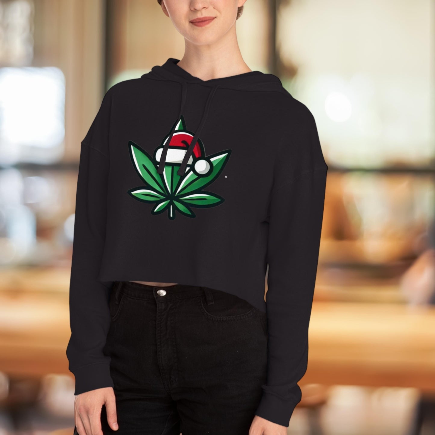Festive Cannabis Cropped Hoodie Holiday Sweatshirt Cozy Gift for Women Christmas Apparel