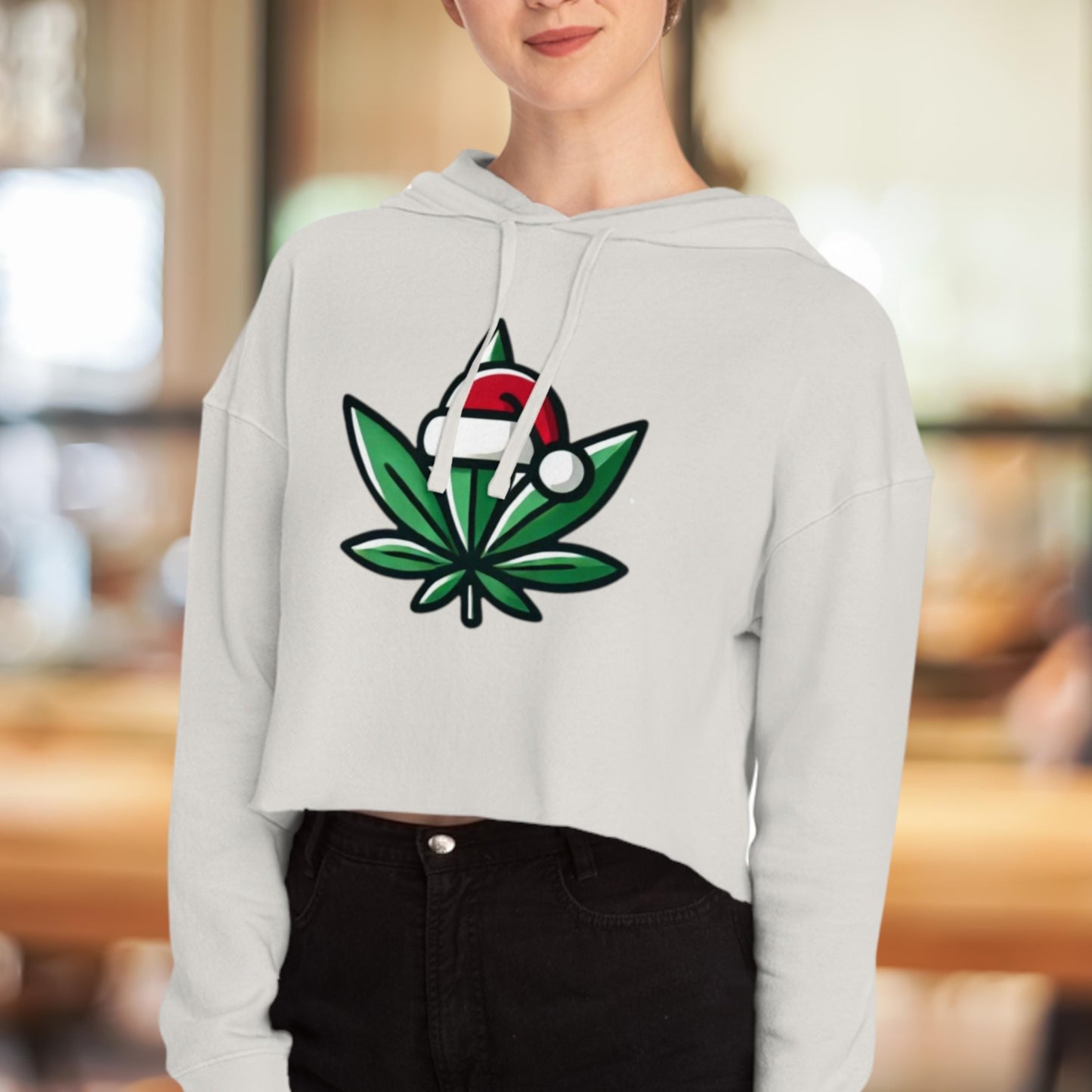 Festive Cannabis Cropped Hoodie Holiday Sweatshirt Cozy Gift for Women Christmas Apparel