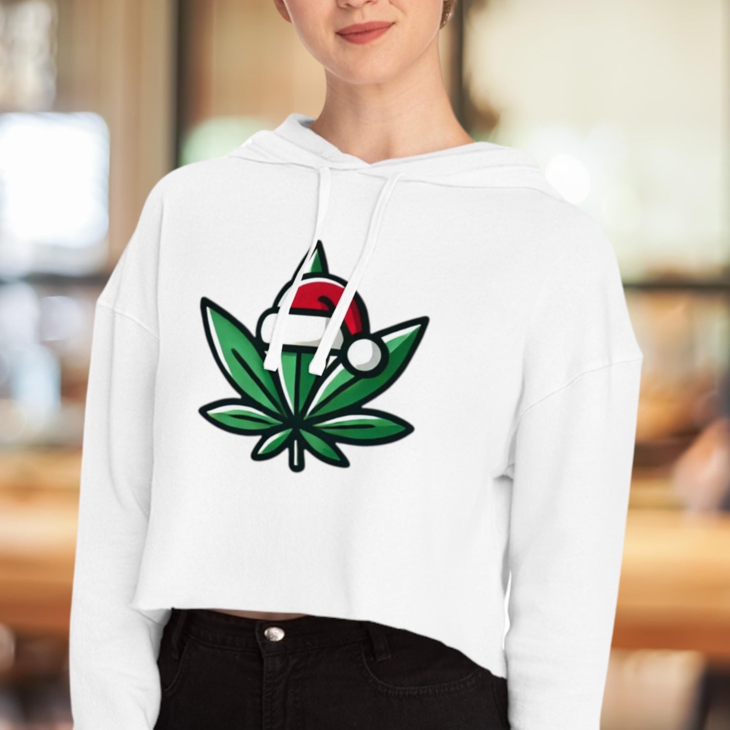 Festive Cannabis Cropped Hoodie Holiday Sweatshirt Cozy Gift for Women Christmas Apparel