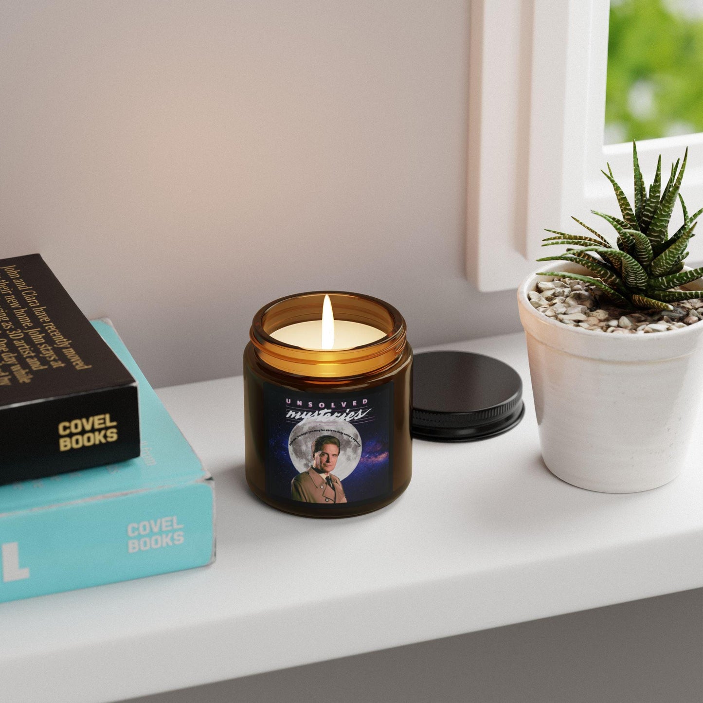 Retro Unsolved Mysteries Soy Candle | Amber Glass Jar | Robert Stack Tribute | Cozy Home Decor | Nostalgic Gift for TV Fans