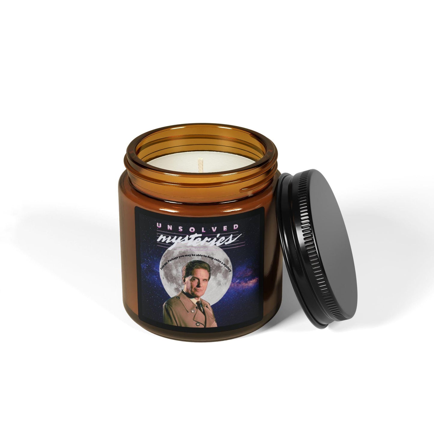 Retro Unsolved Mysteries Soy Candle | Amber Glass Jar | Robert Stack Tribute | Cozy Home Decor | Nostalgic Gift for TV Fans