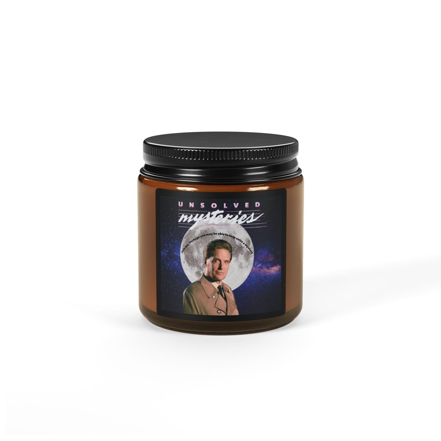 Retro Unsolved Mysteries Soy Candle | Amber Glass Jar | Robert Stack Tribute | Cozy Home Decor | Nostalgic Gift for TV Fans