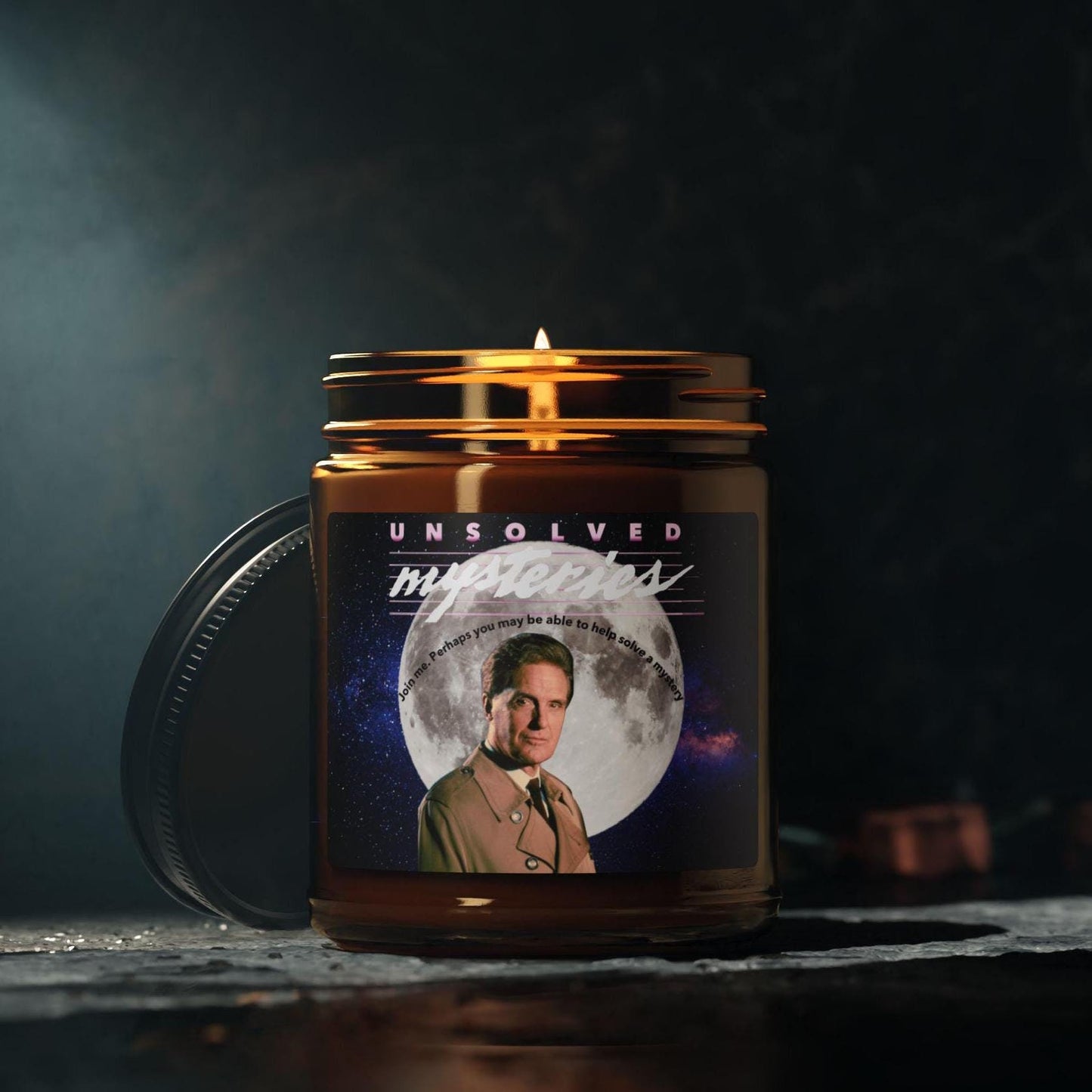Retro Unsolved Mysteries Soy Candle | Amber Glass Jar | Robert Stack Tribute | Cozy Home Decor | Nostalgic Gift for TV Fans