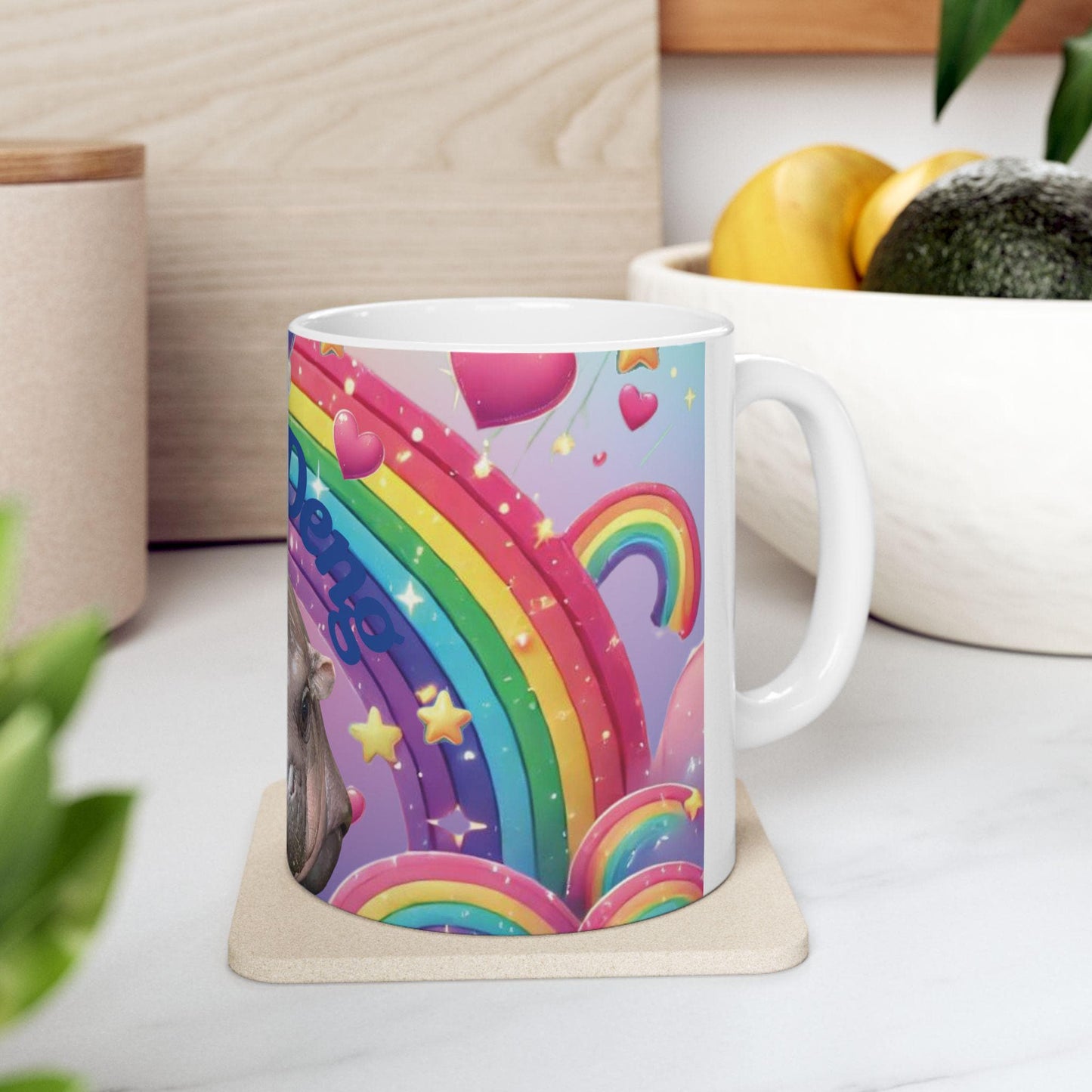 Moo Deng Rainbow Ceramic Mug, Cute Hippo Gift, Fun Coffee Cup, Colorful Drinkware, Unique Animal Lover Mug