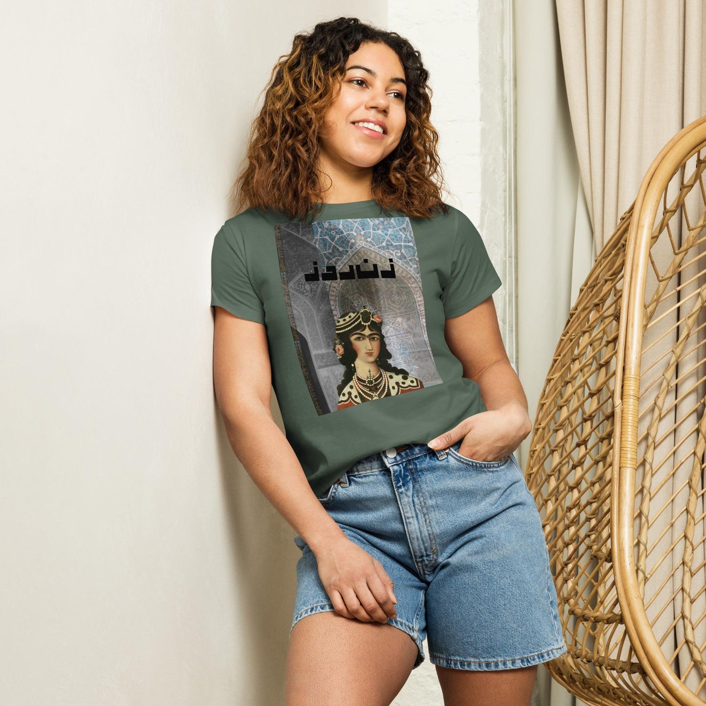 High-Waisted Women's T-Shirt: Qajar Princess Overlaid on Historical Iran Imagery