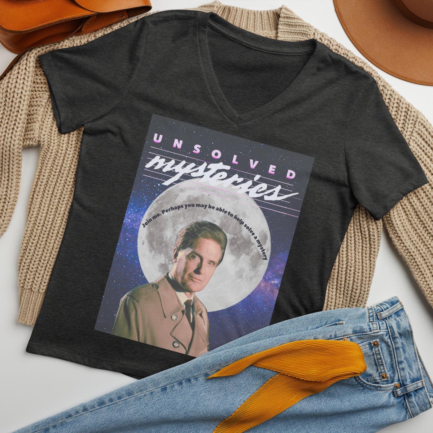 Vintage Unsolved Mysteries V-Neck T-Shirt | Retro 80s TV Show Women's V-Neck | Classic Unsolved Mysteries Fan Tee