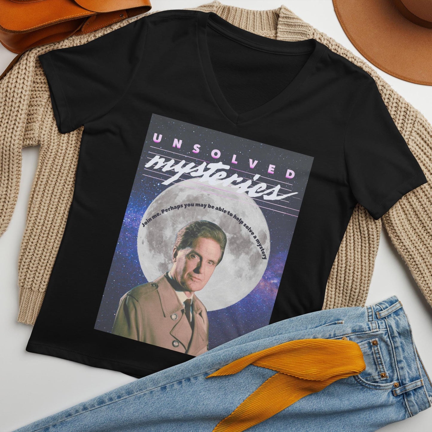 Vintage Unsolved Mysteries V-Neck T-Shirt | Retro 80s TV Show Women's V-Neck | Classic Unsolved Mysteries Fan Tee