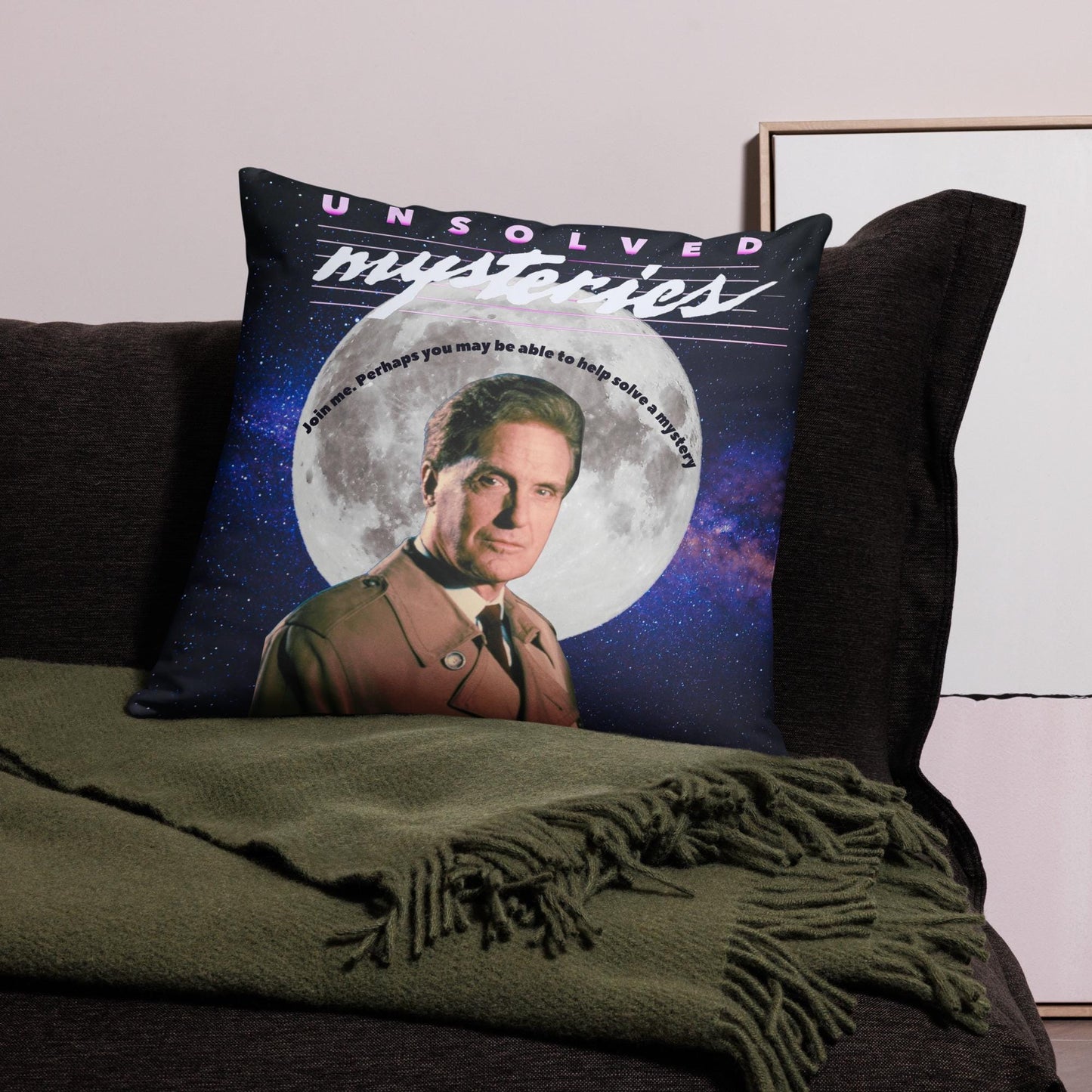 Unsolved Mysteries Retro Pillow Featuring Robert Stack – Vintage 90s TV Show Decor