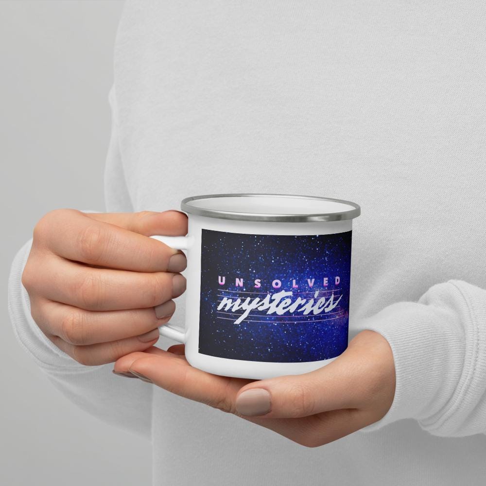 Robert Stack Unsolved Mysteries Enamel Mug – Retro True Crime Camping Cup