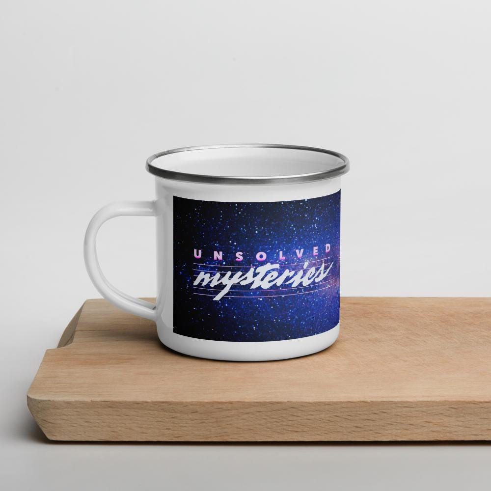 Robert Stack Unsolved Mysteries Enamel Mug – Retro True Crime Camping Cup