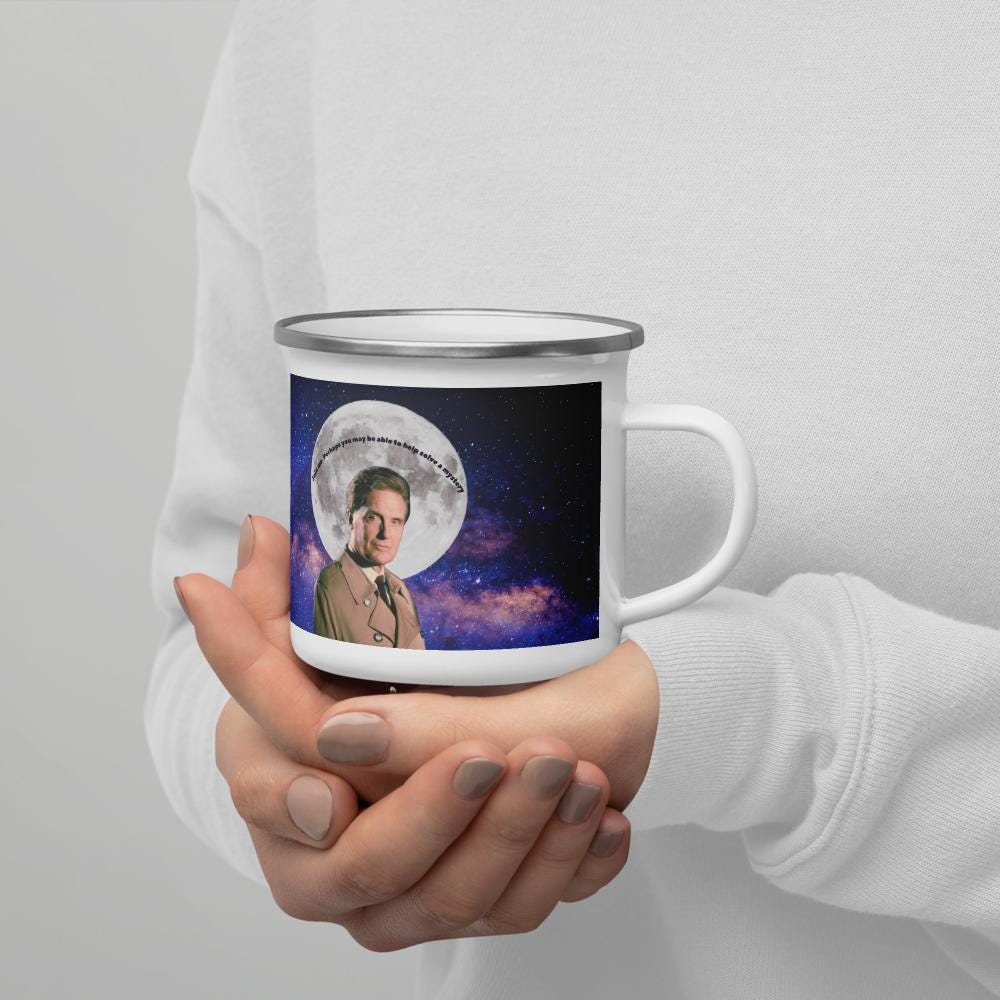 Robert Stack Unsolved Mysteries Enamel Mug – Retro True Crime Camping Cup