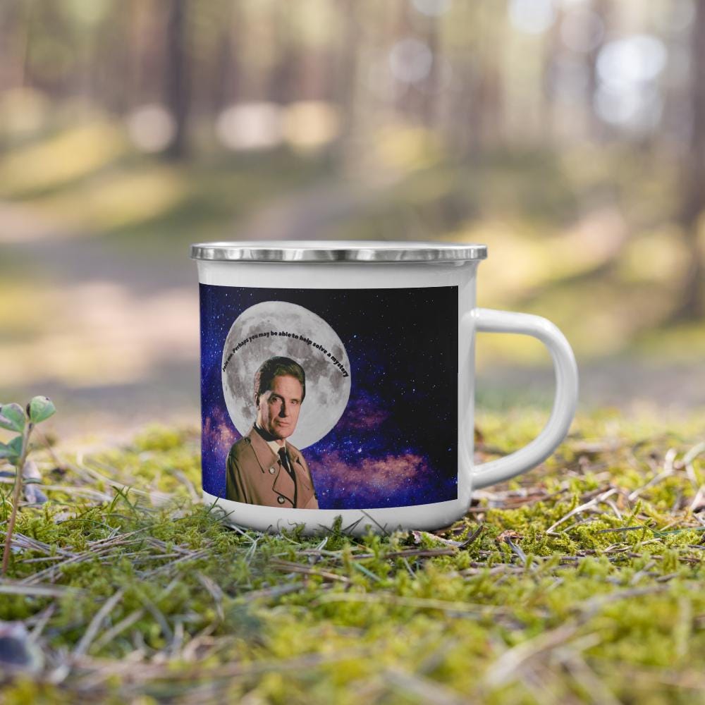 Robert Stack Unsolved Mysteries Enamel Mug – Retro True Crime Camping Cup