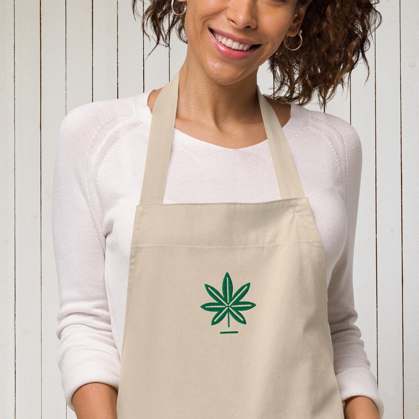 Green Weed Leaf Embroidered Apron - Eco-Friendly Cotton